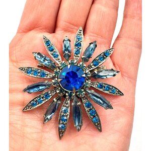 Vintage Sunburst Brooch Prong Set Blue Rhinestones